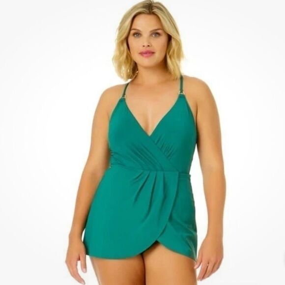 Land's End tulip wrap mini swim dress one piece Emerald Green size large 14-16 - Picture 1 of 6